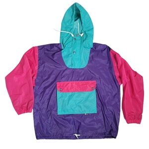 Vintage K-way packable pink green and purple color block windbreaker size Large
